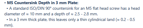 Axion: M5 countersink depth in 3 mm plate leaves a thin land