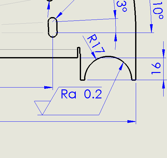 Drawing detail: Ra 0.2 surface symbol pointing to the R17 cut-out of a sheet-metal part