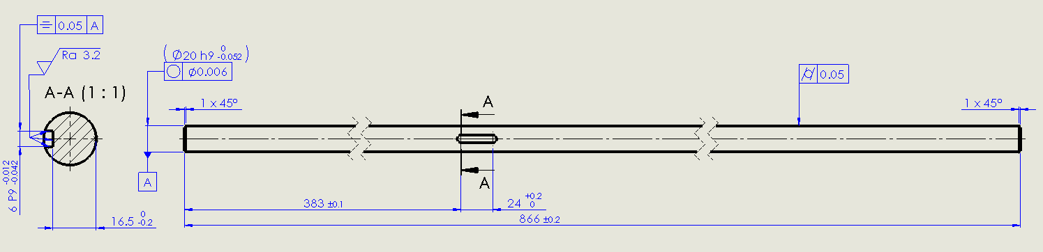 Drawing of a 866 mm shaft Ø20 h9 with keyway, circularity and cylindricity tolerances